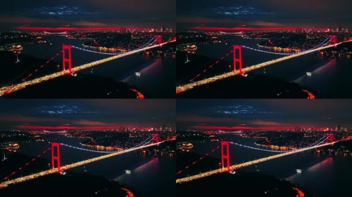 航拍壮丽的标志性法提赫苏丹穆罕默德大桥夜景# istanbul - vibes #法提赫苏丹穆罕默德