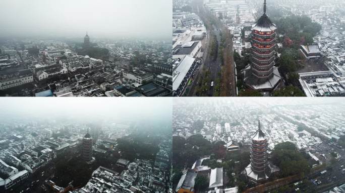 苏州北寺塔航拍雪景4K