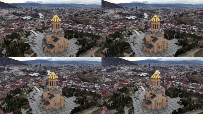 无人机拍摄的萨巴大教堂和第比利斯城
