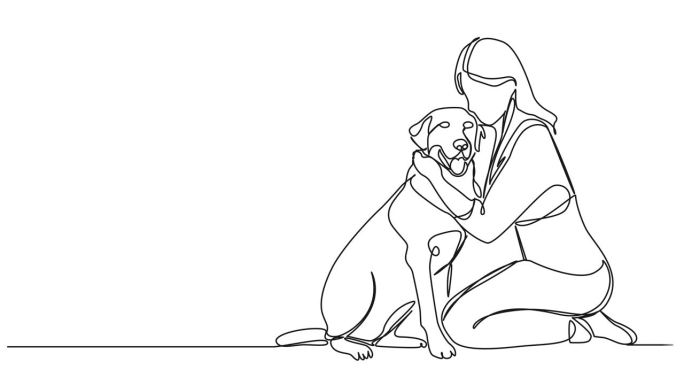 动画单线画的女人跪在地板上拥抱她的狗