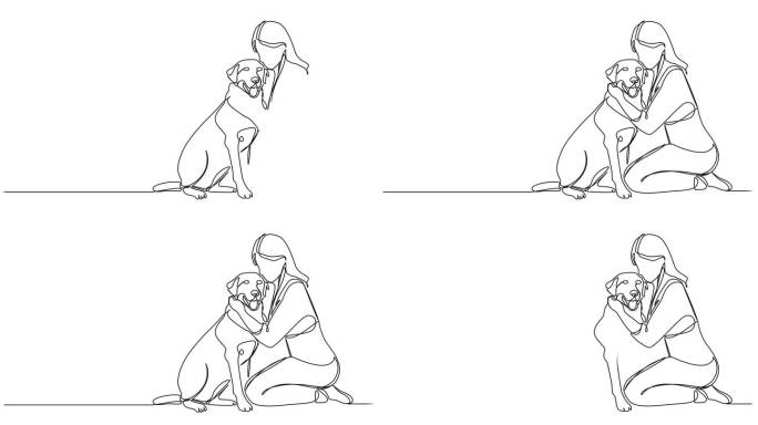 动画单线画的女人跪在地板上拥抱她的狗