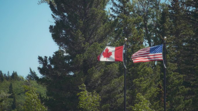加拿大和美国的国旗迎风飘扬，迎击着树木和飞扬的微粒