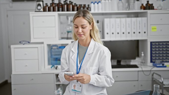 一位身穿实验室大褂的年轻金发女子在现代实验室环境中使用智能手机