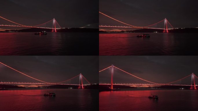 空中夜航:雅武兹苏丹塞利姆大桥在夜晚的画布中闪耀#雄伟的暮色#桥梁照明#博斯普鲁斯海峡#桥梁视角