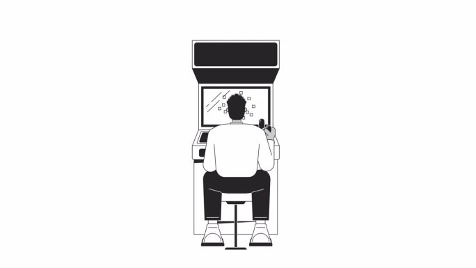 坐在街机柜前的黑人，勾勒出2D角色动画