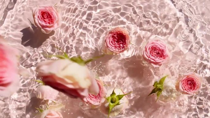 水面上落下的玫瑰和粉红色背景上发散的水圈的慢动作。水溅粉红色。纯净的水反射阳光和阴影。情人节。