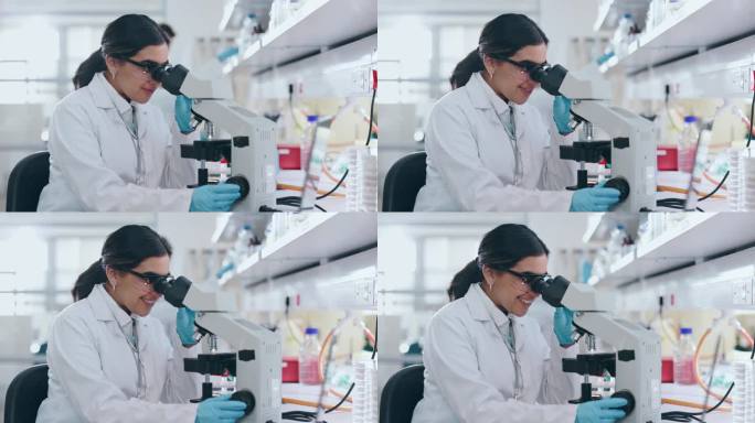 显微镜，快乐的女人和医学实验室，用于科学研究，dna分析或研究化学发展。科学家，生物技术和检查镜头审