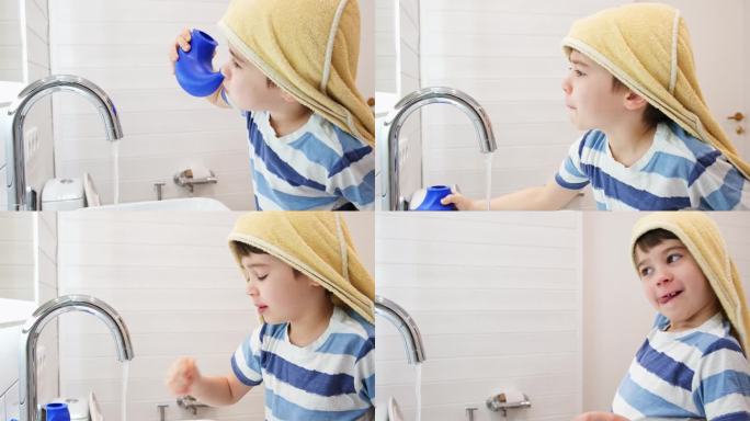 洗鼻。小孩在用生理盐水洗鼻。一个小男孩用洗鼻壶治疗流鼻涕。鼻灌洗。一个灌溉罐。窦问题。鼻过敏。家庭浴