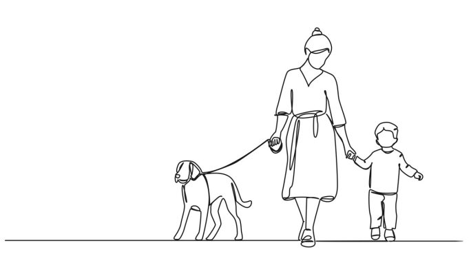 动画单线画的女人去散步的狗和孩子