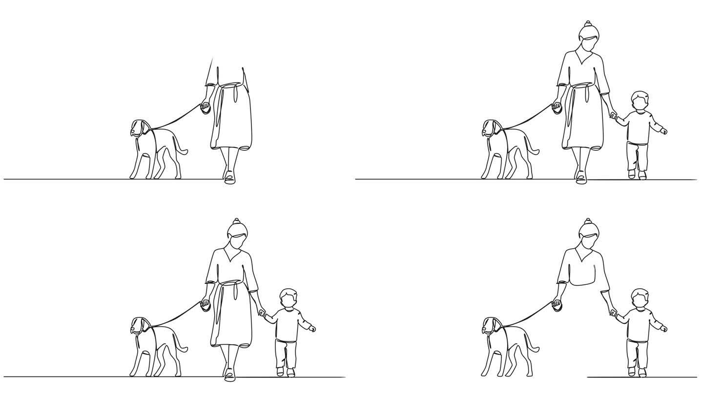 动画单线画的女人去散步的狗和孩子