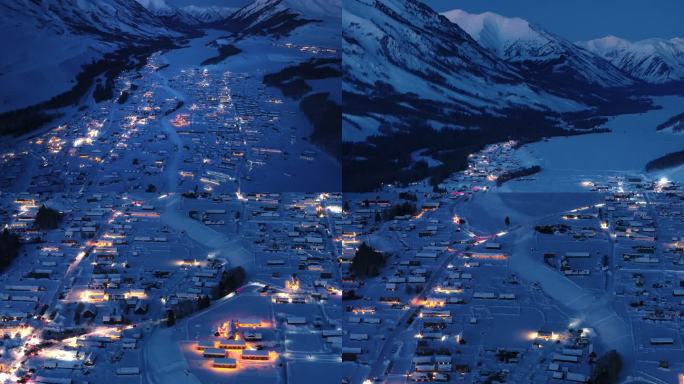 新疆阿勒泰冬季禾木村蓝调震撼航拍风景夜景