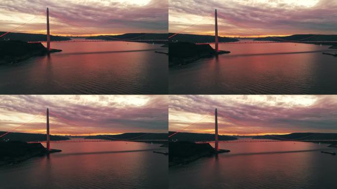 标志性的雅武兹苏丹塞利姆大桥和接近的集装箱船的空中充满活力的黄昏色彩#博斯普鲁斯远景#博斯普鲁斯海峡