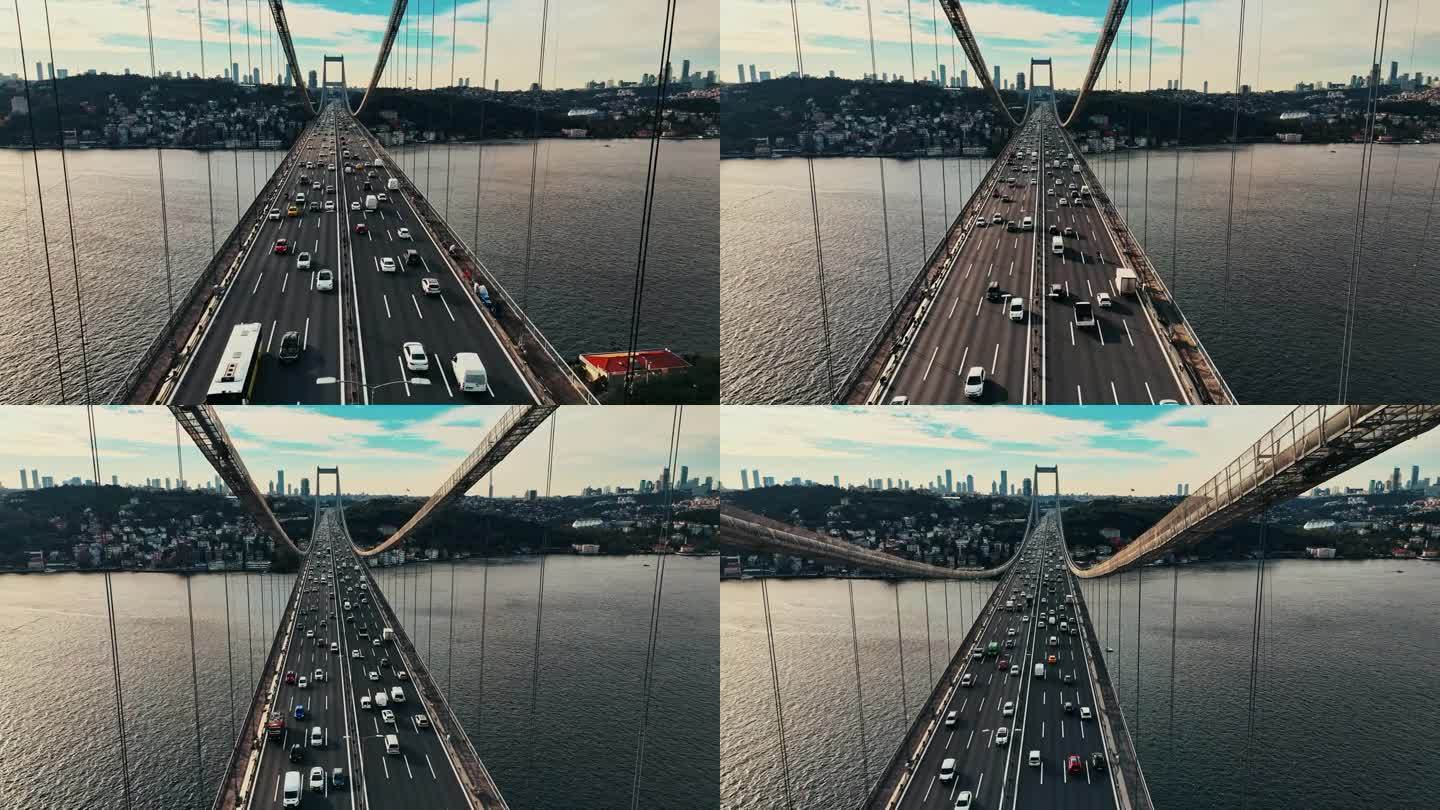 第二博斯普鲁斯大桥上的空中交通:拥抱标志性的法提赫苏丹穆罕默德大桥的黄昏# istanbul - v