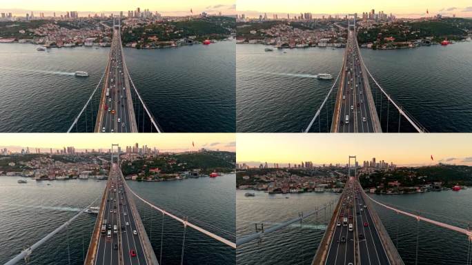 空中博斯普鲁斯海峡大桥威严:空中奥德赛7月15日烈士桥和伊斯坦布尔的欧洲一侧。