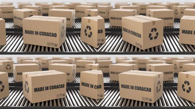 纸板箱与库拉索制造的文字在滚筒输送机上。工厂生产线仓库。制造出口或交付概念。3D渲染动画。无缝循环