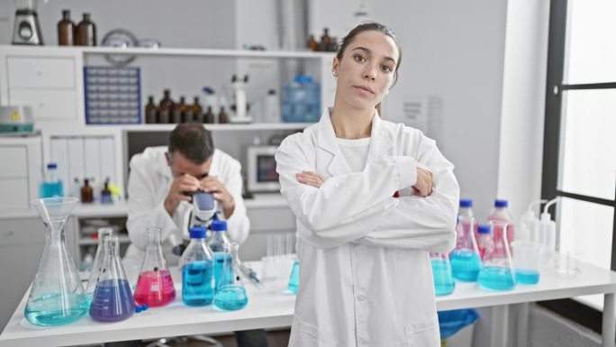 两名意志坚定的科学家，一男一女，在实验室里一起工作，双臂交叉，表现出严肃的专注