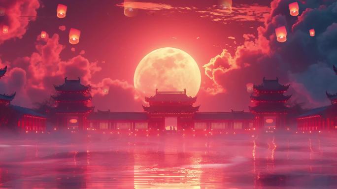 8k宫殿中国风舞台背景 古风月色背景