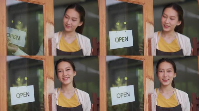 欢迎新顾客亚洲女人开门微笑着欢迎顾客