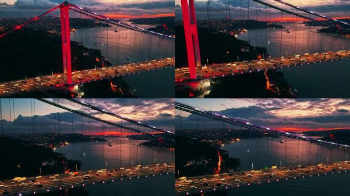 在暮色中，标志性的法提赫苏丹穆罕默德大桥上的空中鲜艳色彩# istanbul - vibes #法提