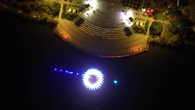 浙江临海灵湖夜景喷泉航拍