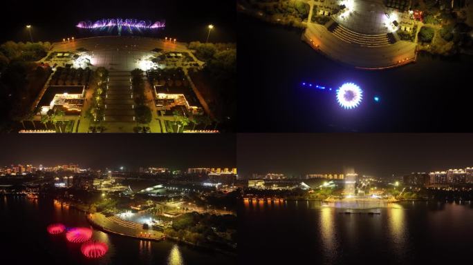 浙江临海灵湖夜景喷泉航拍