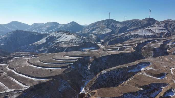 航拍陕北黄土高原雪景