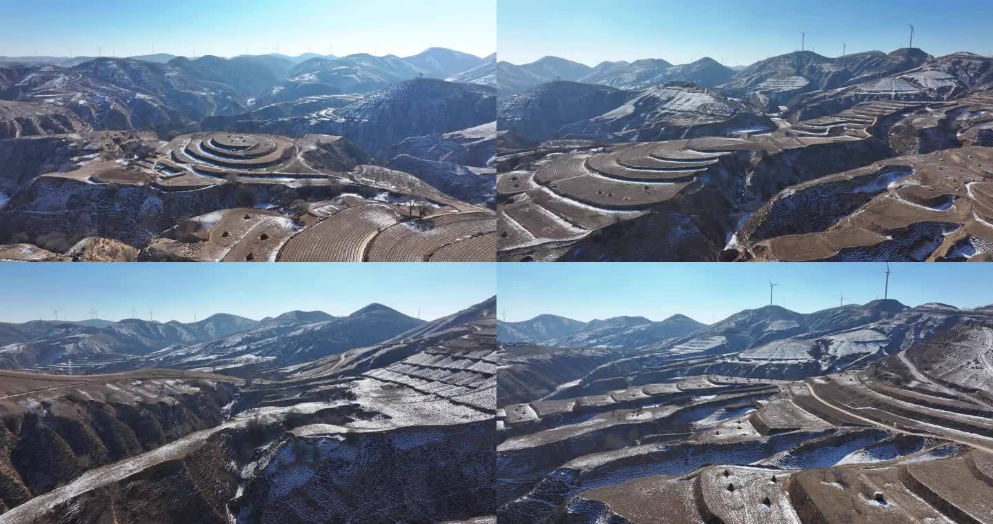 航拍陕北黄土高原雪景