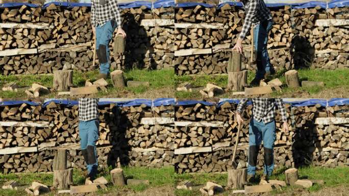 伐木工人在为冬天砍柴，年轻人拿着斧头砍柴，慢镜头准备好了