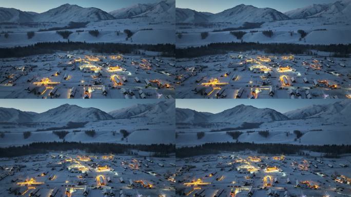 新疆禾木村冬季雪景夜景航拍