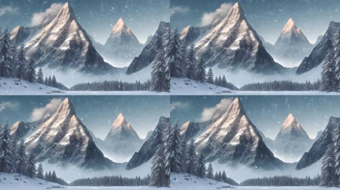 4K卡通动画动漫雪山下雪飘雪冬季冬天背景