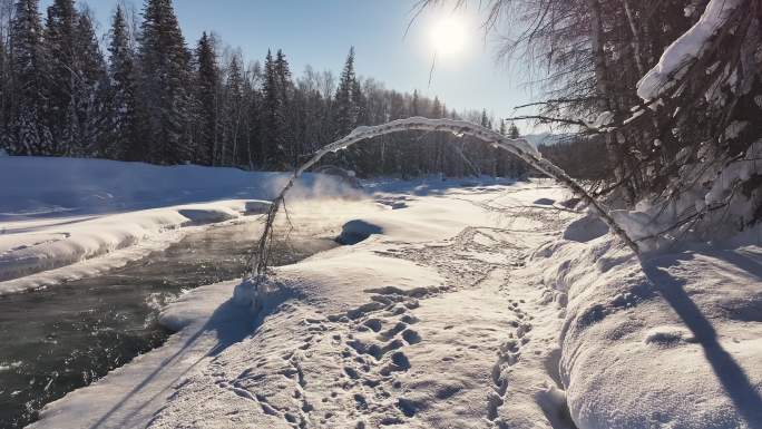 阿勒泰禾木冬季冰雪河流瀑布航拍自然风景