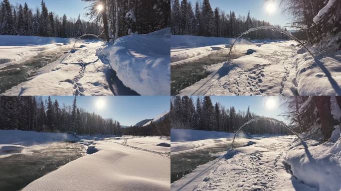 阿勒泰禾木冬季冰雪河流瀑布航拍自然风景