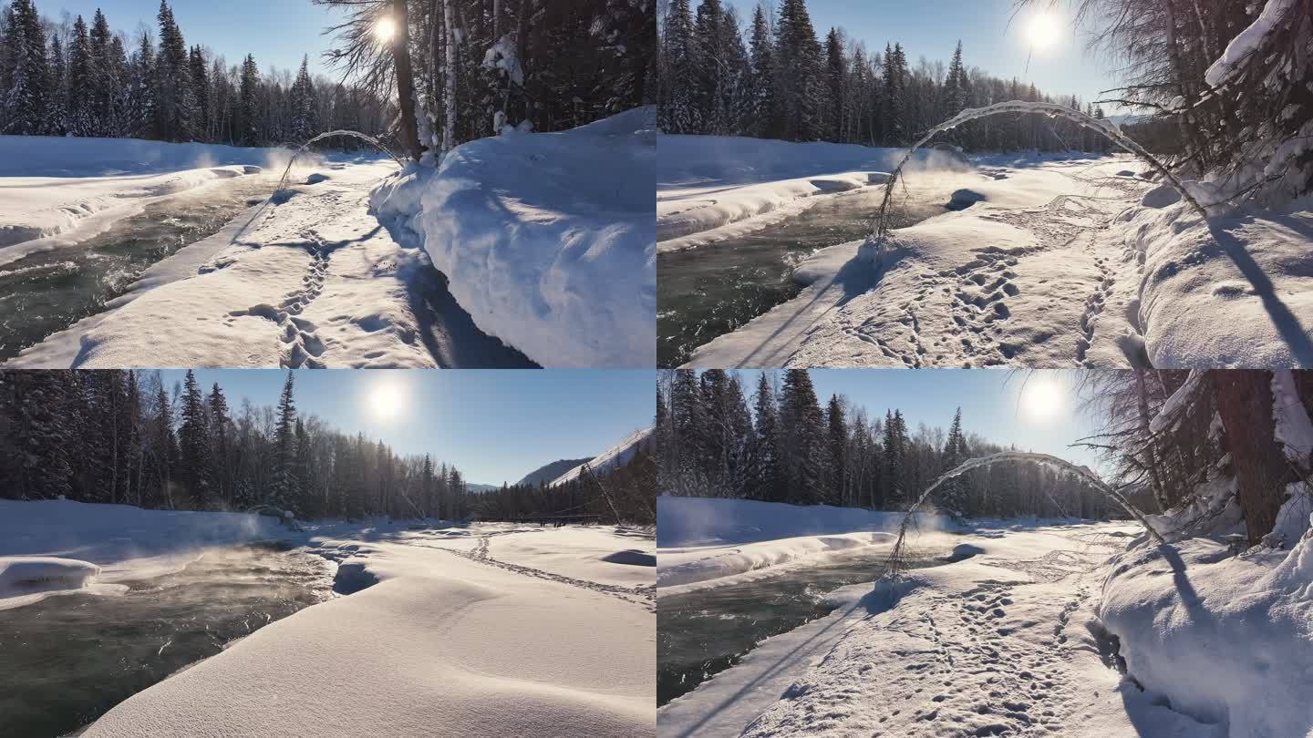 阿勒泰禾木冬季冰雪河流瀑布航拍自然风景