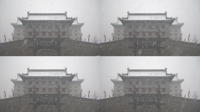 大雪中的西安永宁门箭楼特写