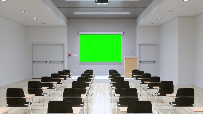 空会议室内部与讲台，白色投影屏幕和椅子
