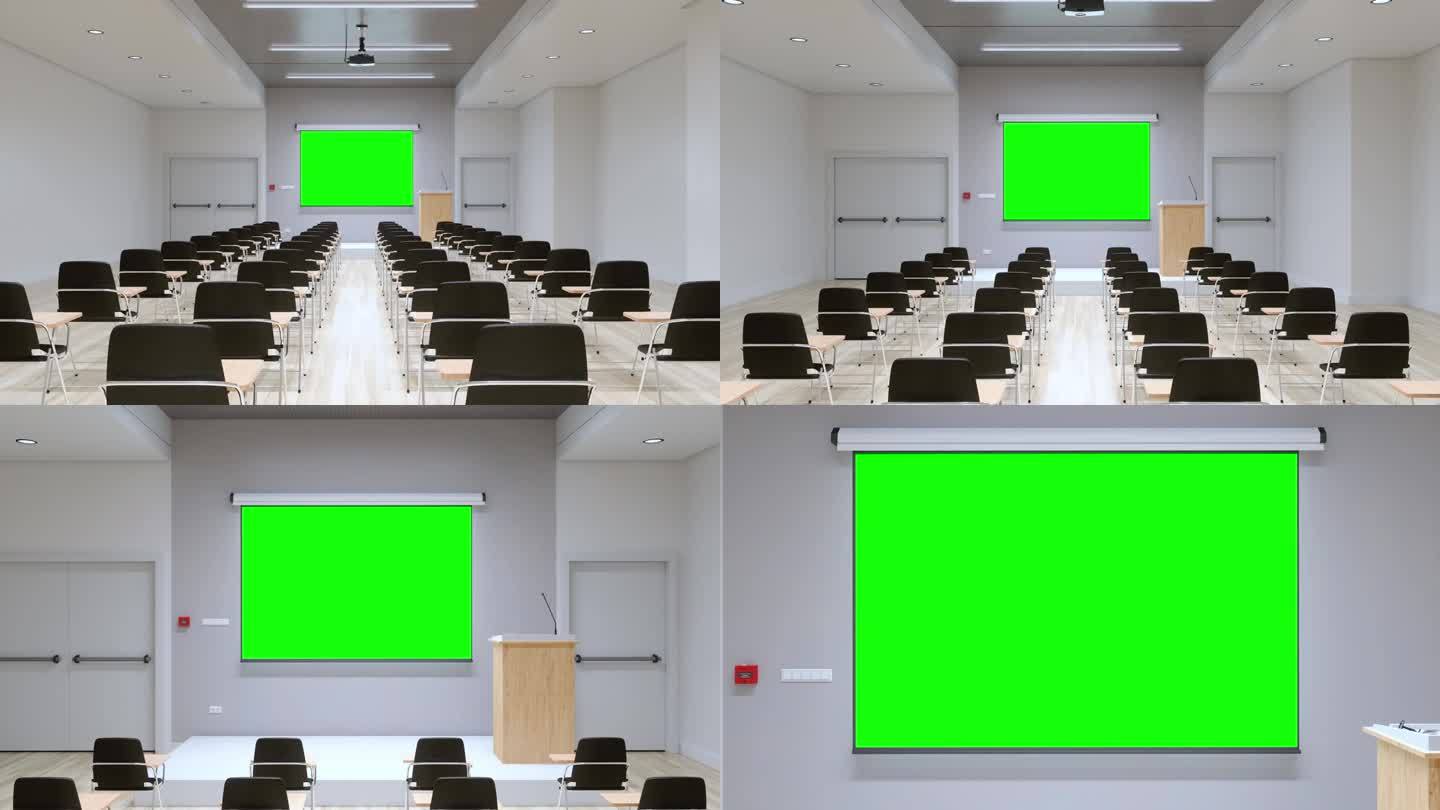 空会议室内部与讲台，白色投影屏幕和椅子