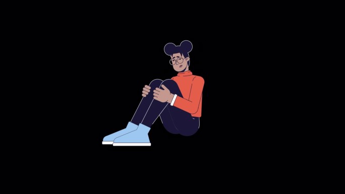 疲惫的非裔美国妇女抱膝线2D角色动画