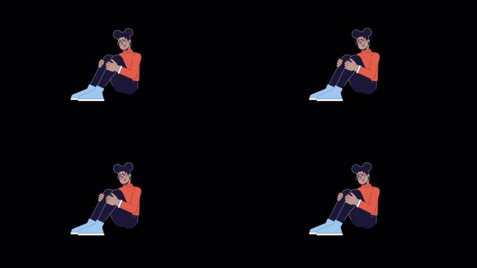 疲惫的非裔美国妇女抱膝线2D角色动画