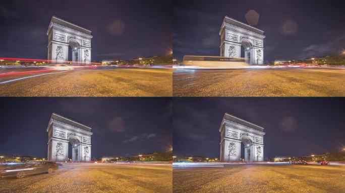 欧洲法国巴黎，凯旋门夜间灯光下的汽车交通延时照片。