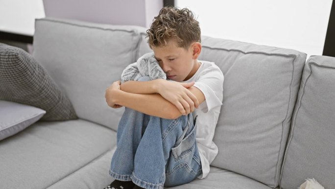 可爱的金发小孩抱着泰迪熊，独自在沙发上哭泣，在家里表达悲伤、压力和绝望