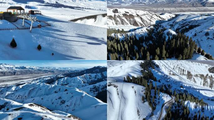 新疆伊犁那拉提航拍冬天雪景缆车4k
