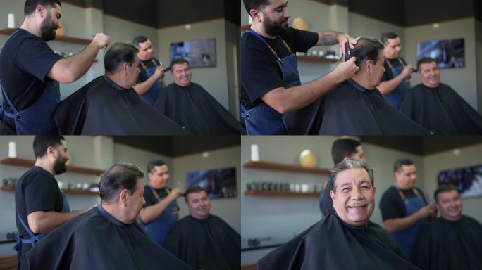 一位老人在理发店谈话的画像