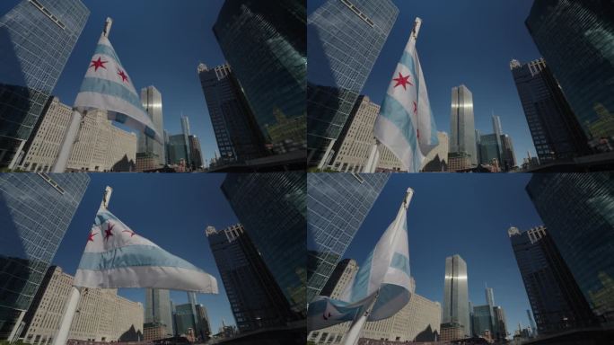 芝加哥的旗帜，背景是建筑。从河上看。芝加哥的天际线