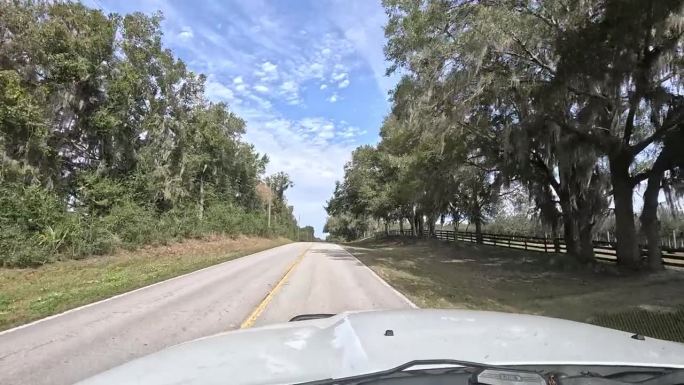 司机的观点，当行驶在空旷的风化沥青道路两旁的乡村木栅栏，通过森林丘陵佛罗里达马的国家