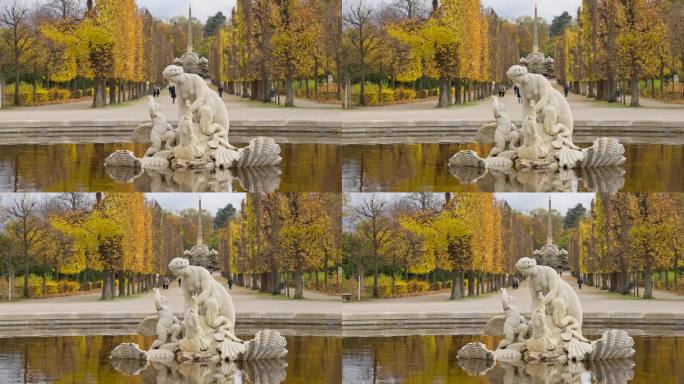 奥地利维也纳美泉宫花园的Najadenbassin喷泉雕像周围的视差