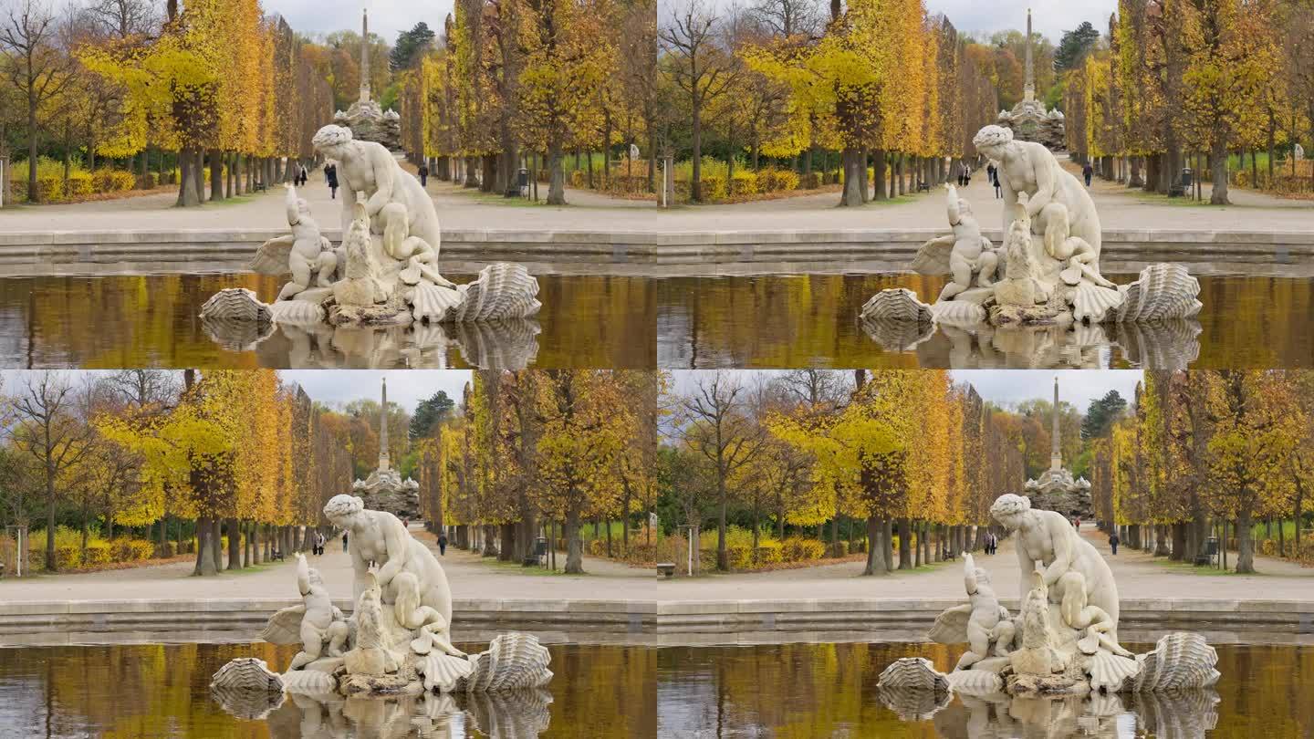 奥地利维也纳美泉宫花园的Najadenbassin喷泉雕像周围的视差
