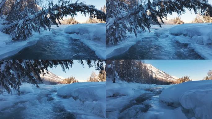 阿勒泰禾木冬季冰雪河流瀑布航拍风景