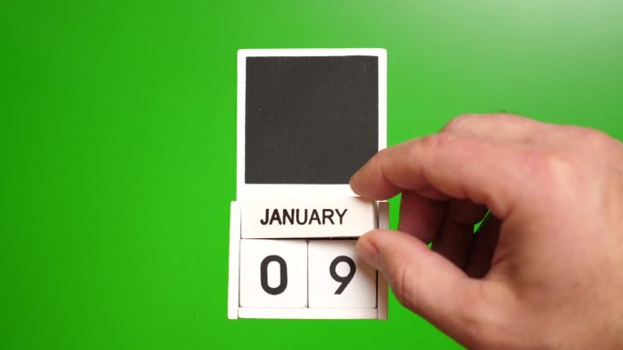 日期为1月9日的绿色背景日历。说明某一特定日期的事件。