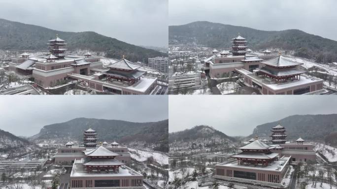 航拍襄阳博物馆新馆冬天雪景城市建筑风光