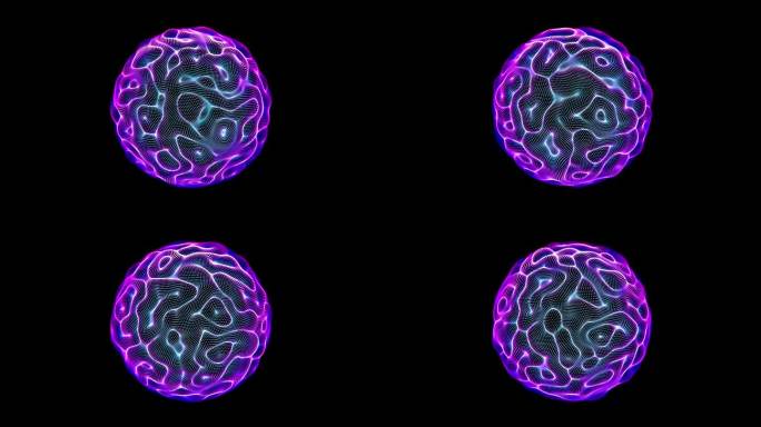三维球体，在黑色背景上具有波浪像素化的AI人脑样表面。